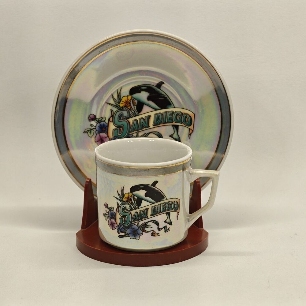 Vintage KWC San Diego Orca Mug Plate Set Iridescent Lusterware Display Souvenir